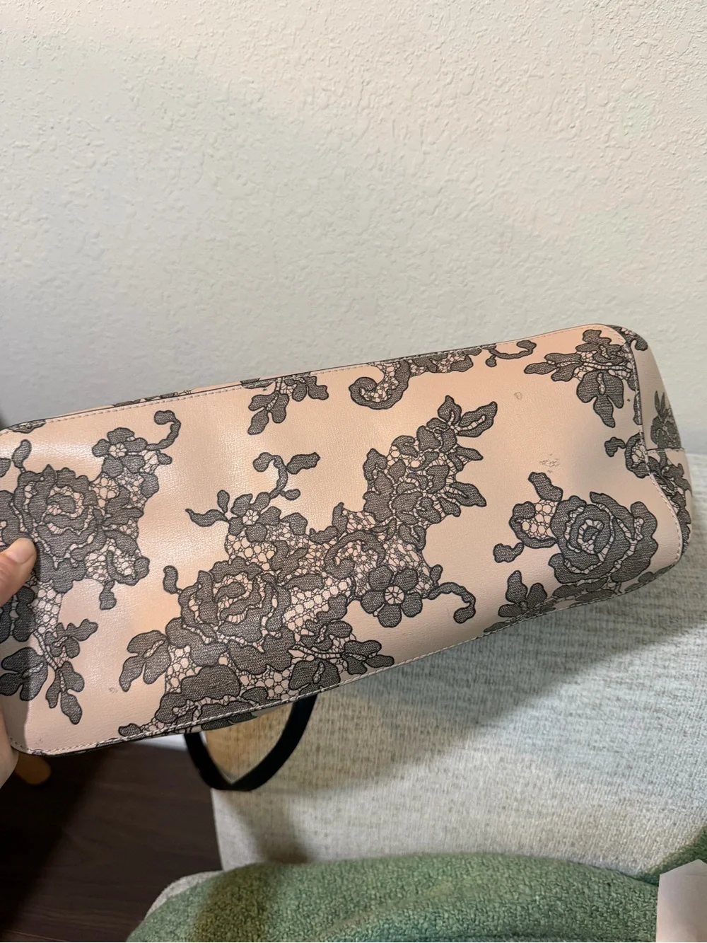 Michael Kors Blush Pink Floral Lace Tote with Black Pom